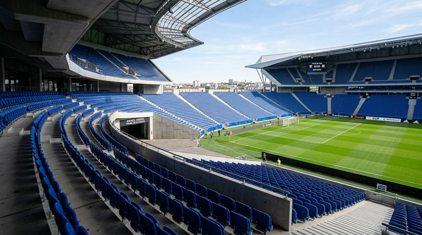 Architecture de tribunes dans un stade français — cadre sportif encadre par la loi